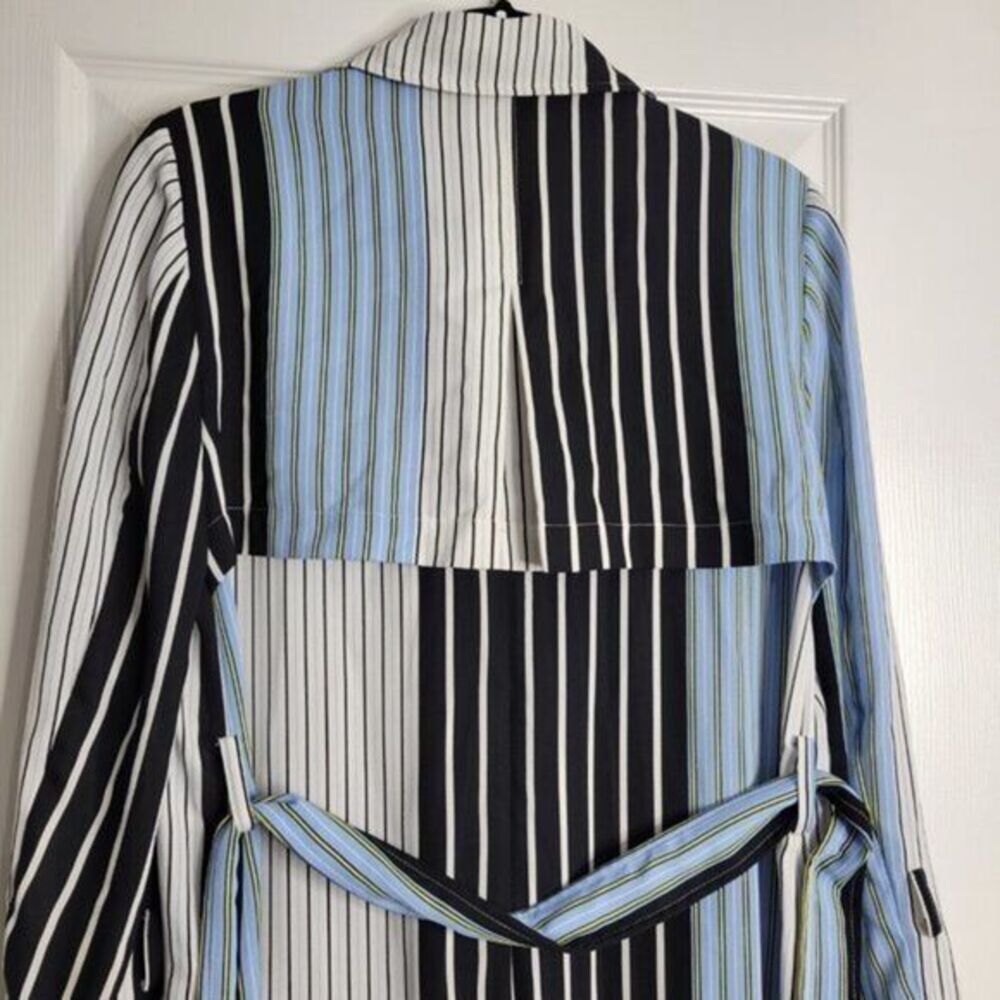 BCBGMAXAZRIA Shirt Jacket Small Black Blue Stripe Trech Belt Pockets Lightweight - Picture 10 of 11
